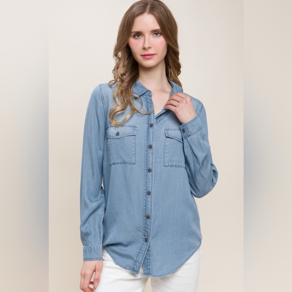 Love Tree Scooped Hem Button Up Denim Shirt - Picture 1 of 3